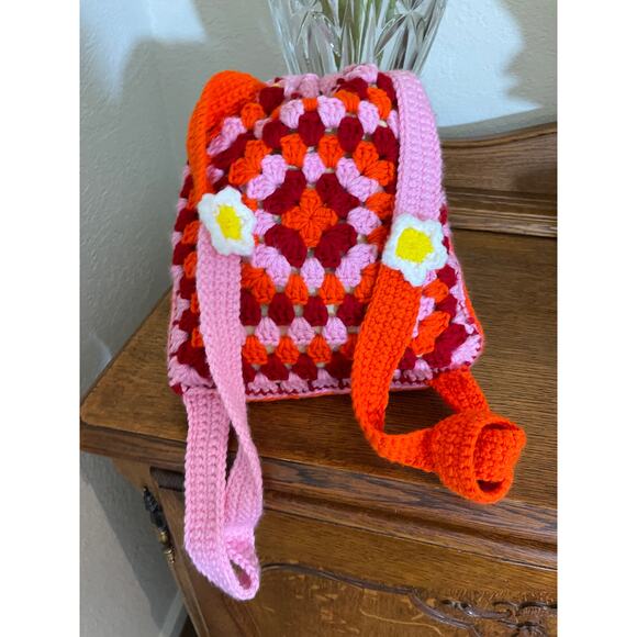 Knit Floral Backpack Handbag Handmade Crochet Boho Festival Colorful Bag &Wallet - Picture 8 of 15